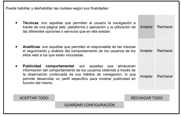 Utilización de cookies propias, terceros de análisis y publicidad comportamental
